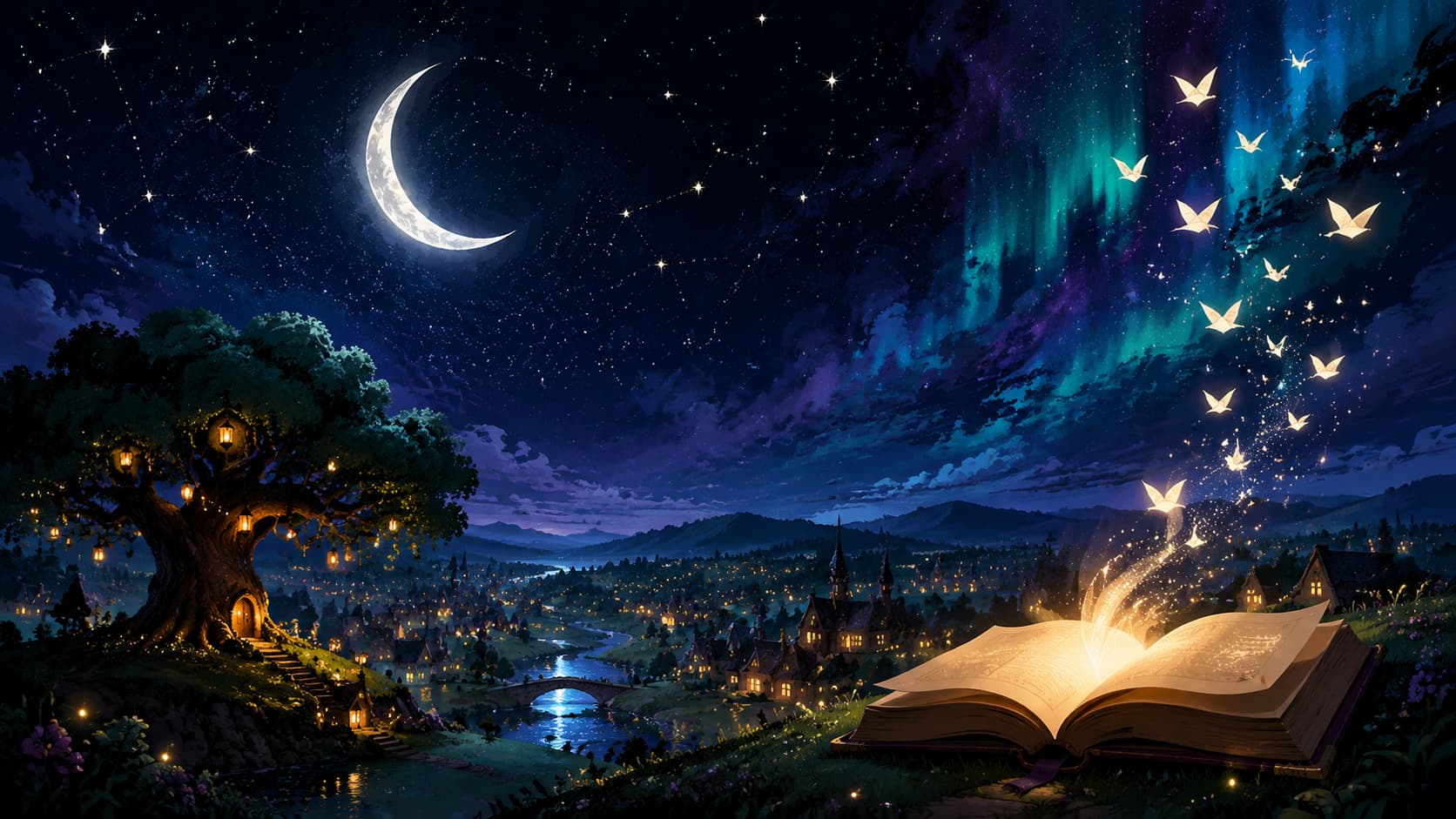 A glowing storybook opening into a magical moonlit world