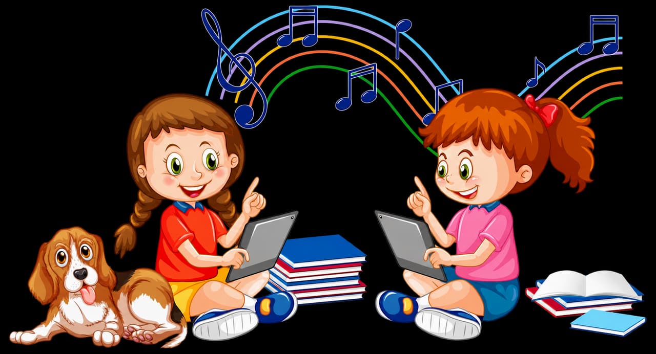 Children enjoying an audiobook with books and music