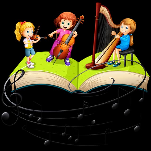 Young musicians performing on an open storybook