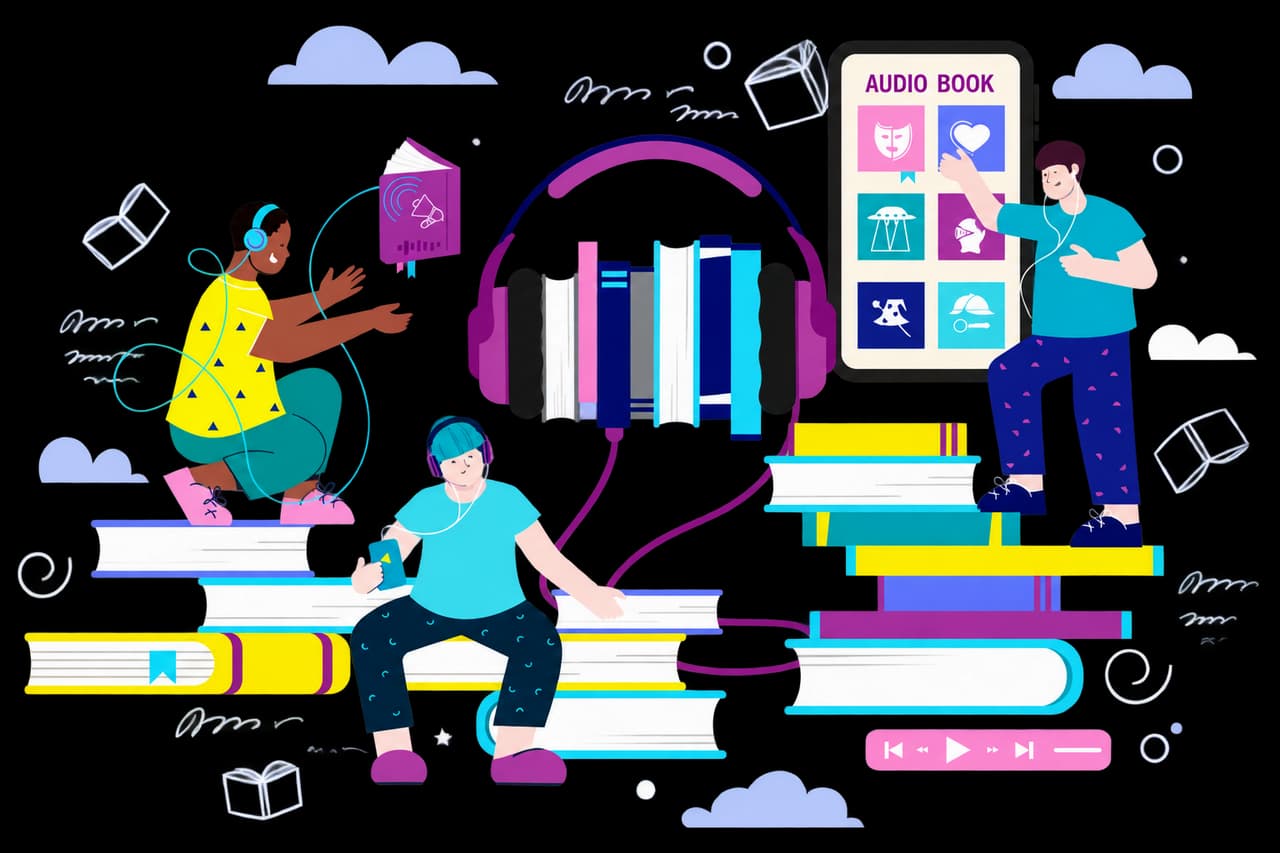 Colorful audiobook production and listening illustration
