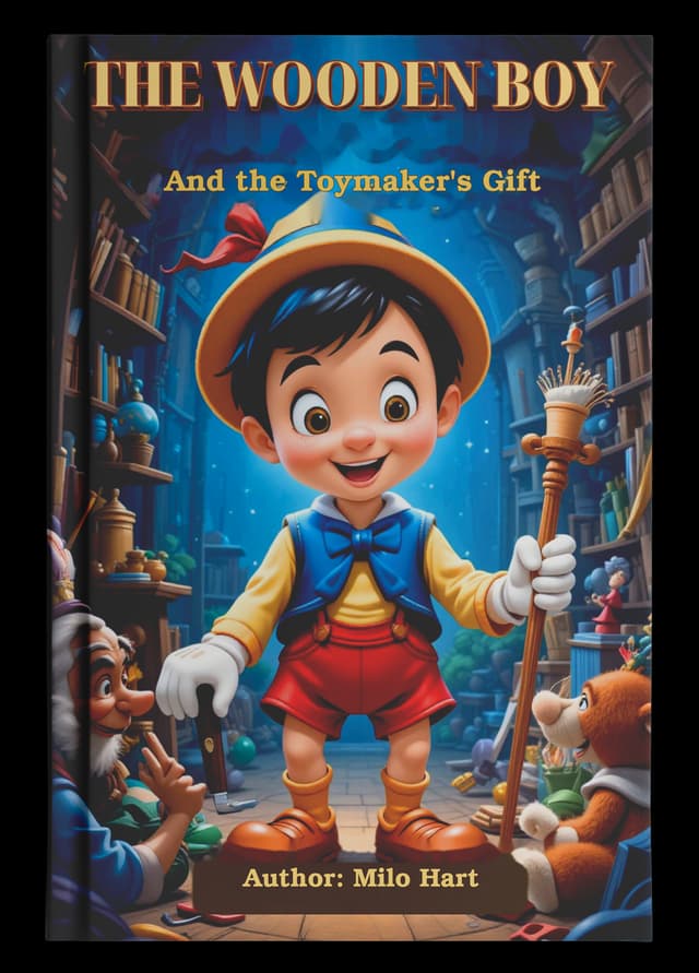 Illustrated children's cover for The Wooden Boy and the Toymaker's Gift