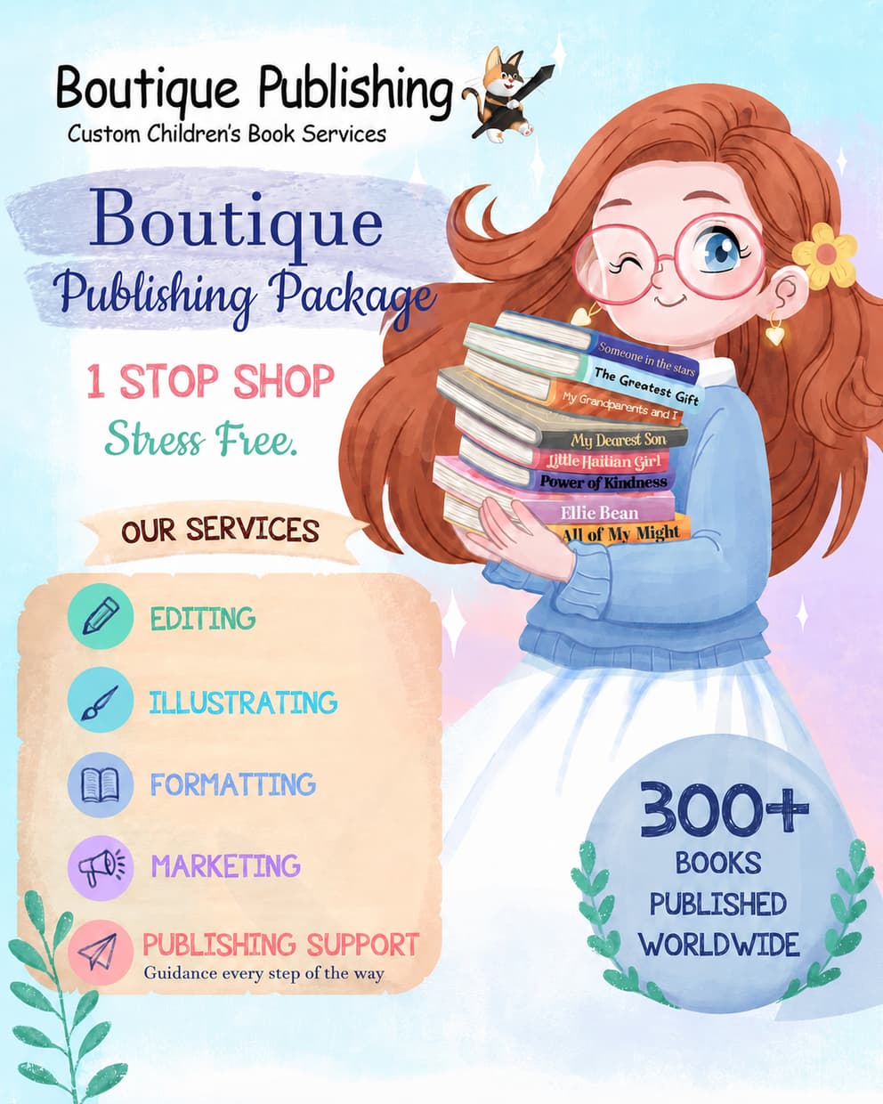 Boutique publishing package with a young reader and a stack of books
