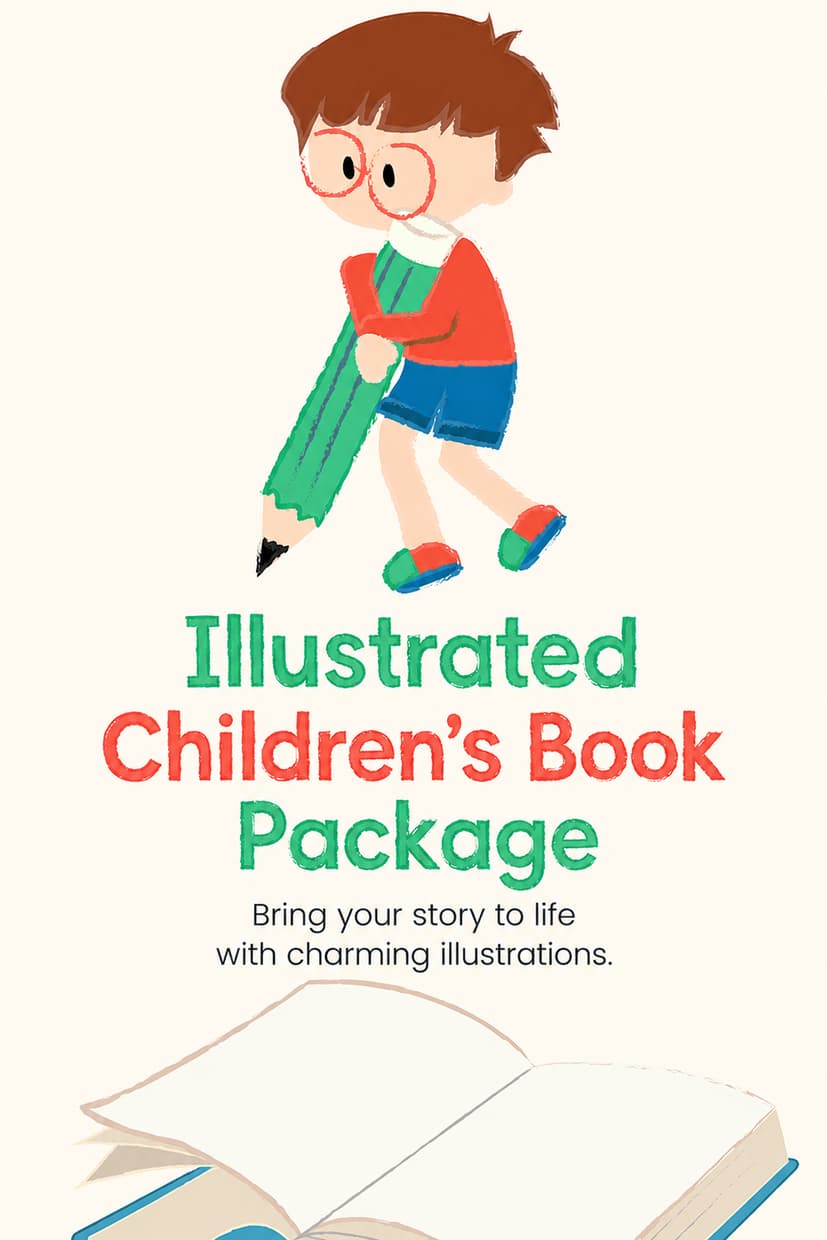 Illustrated children's book package artwork with a young reader