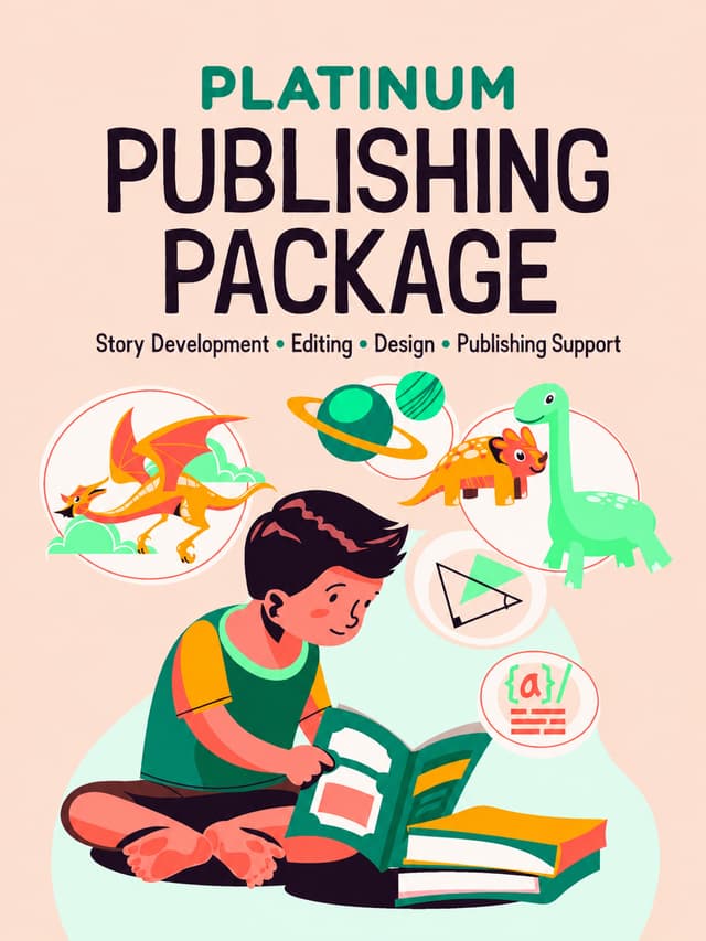 Platinum publishing package artwork with an author editing a story
