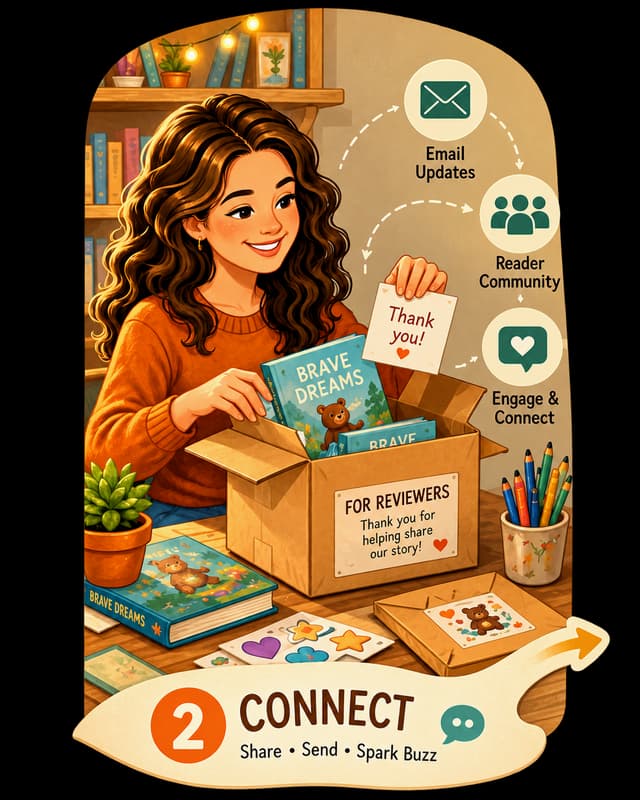 Book marketing connection step with an author reaching readers