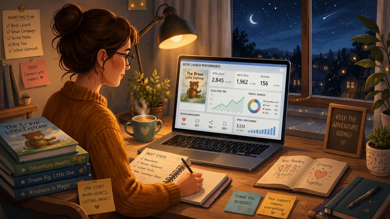 Author reviewing book launch results at night